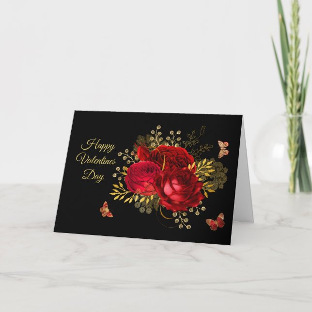 Tarjeta Festiva Elegante Roses Roses Roses Mariposa Oro Valentino  (Anverso)