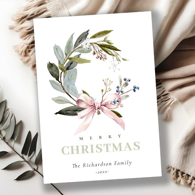 Tarjeta Festiva Elegante Rubor Blue Green Winter Navidades Wreath (Subido por el creador)