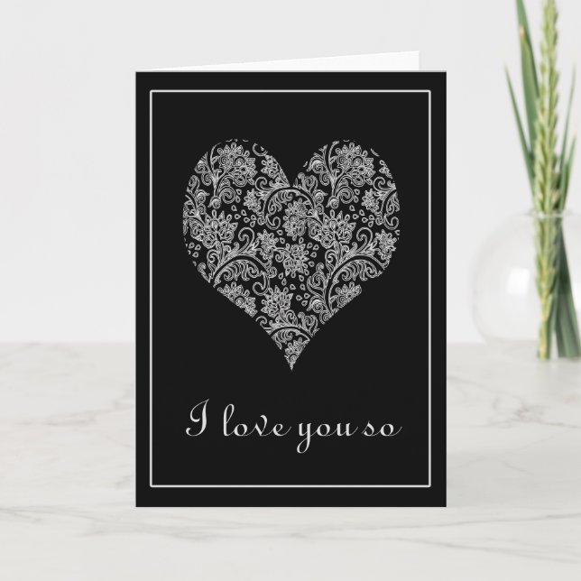 Tarjeta Festiva Elegante San Valentín de Corazón Lacy Blanco y Neg (Anverso)