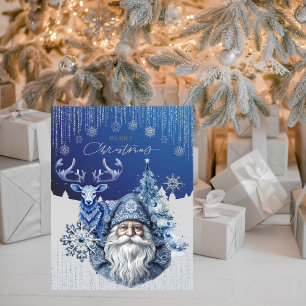 Tarjeta Festiva Elegante Santa Navidades Nórdicos Azules Cheer