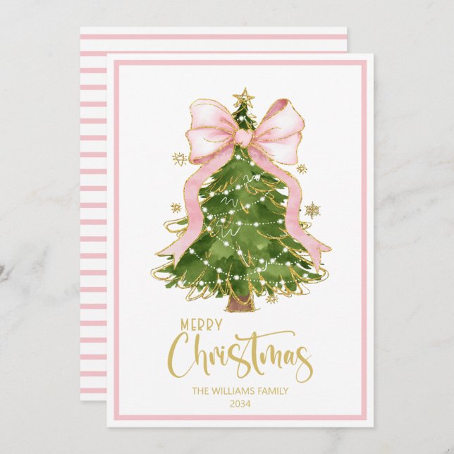Tarjeta Festiva Elegante Scipt Christmas Tree Pink Bow (Anverso / Reverso)