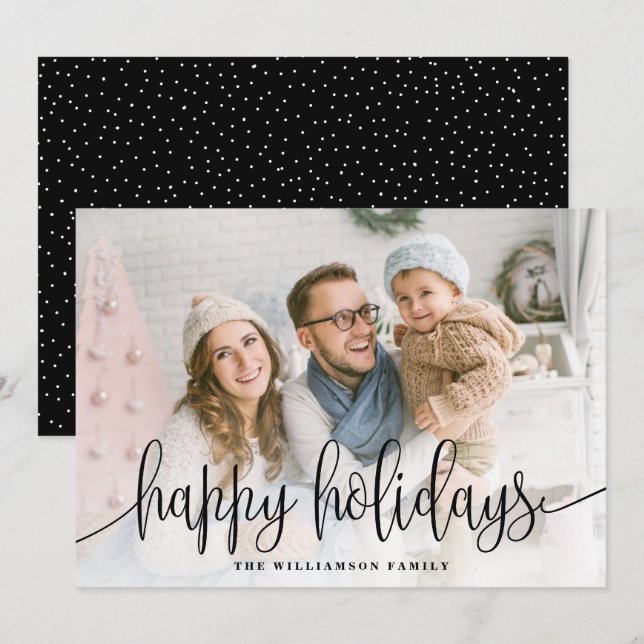 Tarjeta Festiva Elegante Script Full Photo Happy Holidays Black (Anverso / Reverso)
