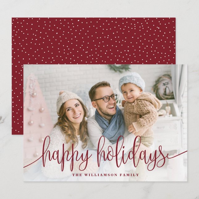 Tarjeta Festiva Elegante Script Full Photo Happy Holidays Red (Anverso / Reverso)
