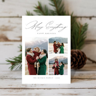 Tarjeta Festiva Elegante Script Merry Everything 3 Photo Family