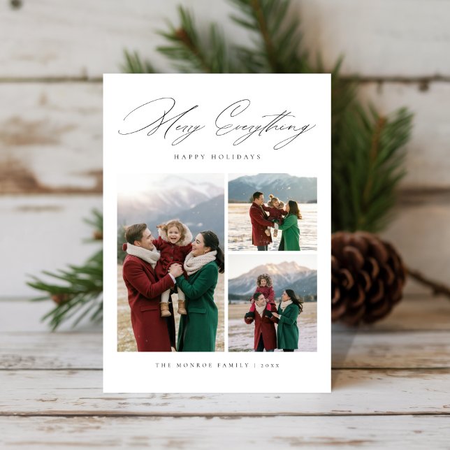 Tarjeta Festiva Elegante Script Merry Everything 3 Photo Family (Subido por el creador)