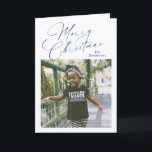 Tarjeta Festiva Elegante Script Photo Merry Christmas<br><div class="desc">Tarjeta de Navidades de fotografía moderna con un diseño sencillo y mínimo con "Feliz Navidad" en un elegante guión azul marino junto con tu nombre familiar por encima de tu foto cuadrada favorita. El interior tiene un collage de fotos compuesto por tres imágenes verticales junto con tu mensaje personalizado.</div>