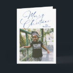 Tarjeta Festiva Elegante Script Photo Merry Christmas<br><div class="desc">Tarjeta de Navidades de fotografía moderna con un diseño sencillo y mínimo con "Feliz Navidad" en un elegante guión azul marino junto con tu nombre familiar por encima de tu foto cuadrada favorita. El interior tiene un collage de fotos compuesto por tres imágenes verticales junto con tu mensaje personalizado.</div>