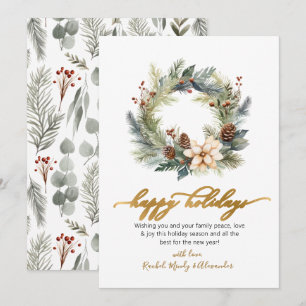 Tarjeta Festiva Elegante Script Wreath Greenery Happy Holidays Car