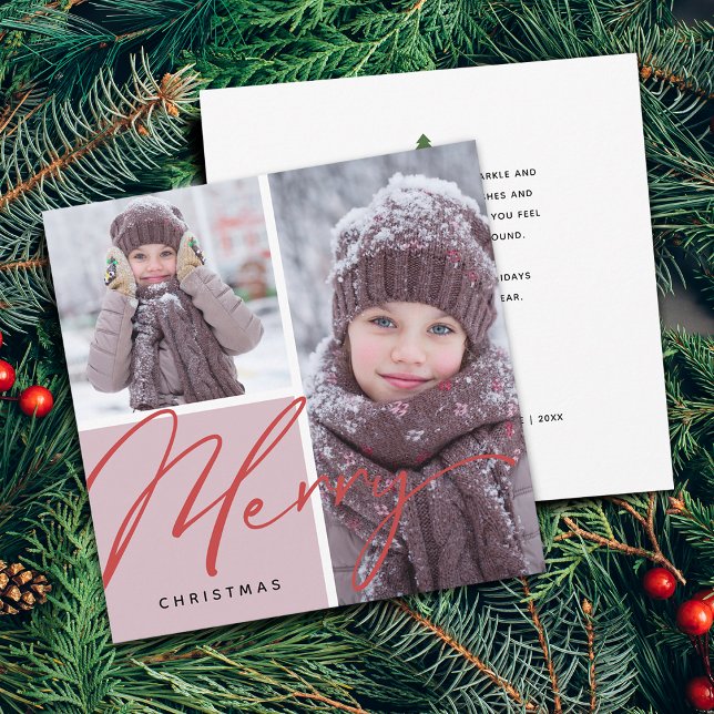 Tarjeta Festiva Elegante secuencia moderna de fotos alegres planas (Elegant Modern Script Merry Photos Flat Holiday Card)