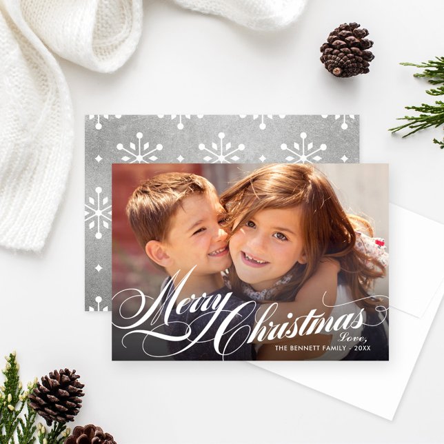 Tarjeta Festiva Elegante Silver Merry Christmas Script Photo (Subido por el creador)