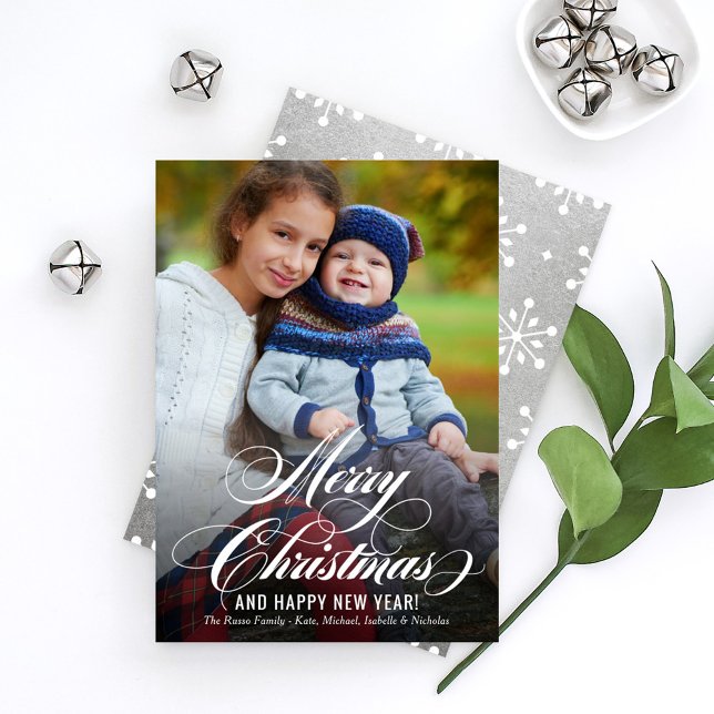 Tarjeta Festiva Elegante Silver Merry Christmas Script Photo (Subido por el creador)