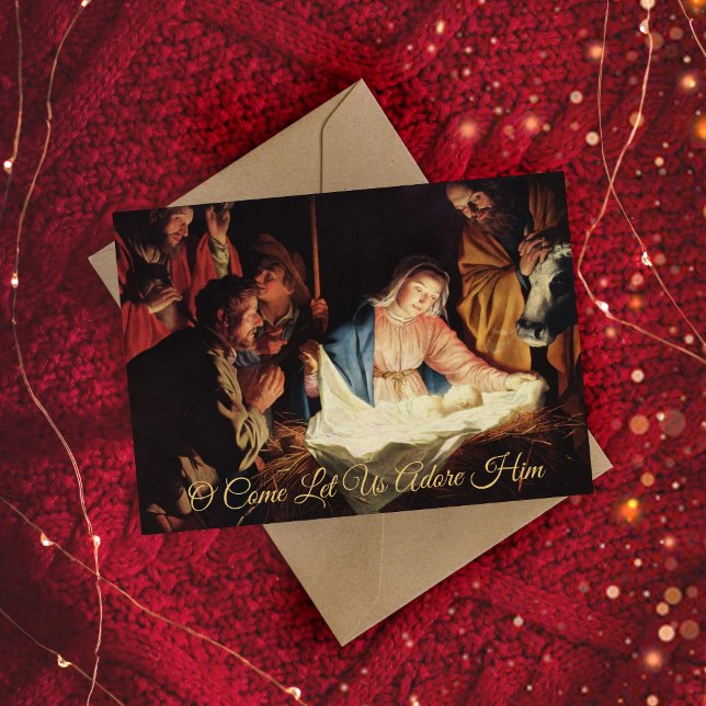 Tarjeta Festiva Elegante simple Natividad de oro Navidades religio (This Christmas collection features a vintage oil painting of the Nativity Scene.)