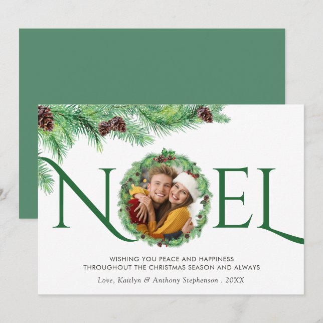 Tarjeta Festiva Elegante Simple Pino Botánico Wreath NOEL 1 Foto (Anverso / Reverso)