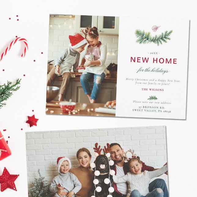 Tarjeta Festiva Elegante Spruce Nueva Familia Hogar Monograma 2 Fo (new home moving announcement address change family holiday card christmas green red spruce elegant)
