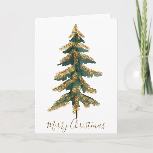 Tarjeta Festiva Elegante Tall Gold Green Merry Christmas Tree Phot (Anverso)