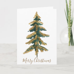Tarjeta Festiva Elegante Tall Gold Green Merry Christmas Tree Phot