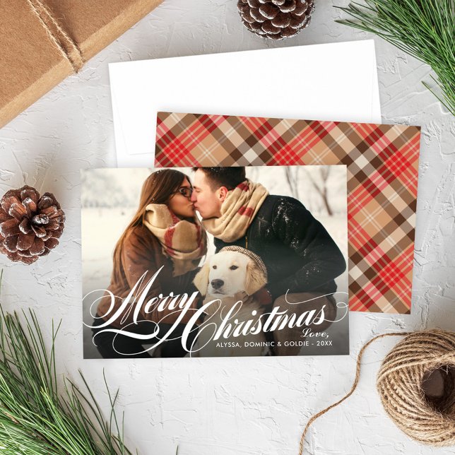 Tarjeta Festiva Elegante Tan Tartan Plaid Merry Christmas Photo (Subido por el creador)