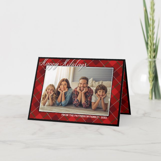 Tarjeta Festiva Elegante Tartan Modern Happy Holidays Family Photo (Anverso)