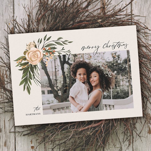 Tarjeta Festiva Elegante Terracota Floral Boho Navidades de fotogr (Subido por el creador)