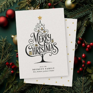 Tarjeta Festiva Elegante tipografía de “Feliz Navidad” en árbol fa