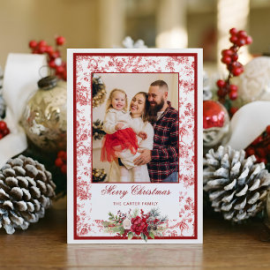 Tarjeta Festiva Elegante Toile Rojo con Foto Floral de Invierno