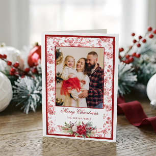 Tarjeta Festiva Elegante Toile Rojo con Foto Floral de Invierno