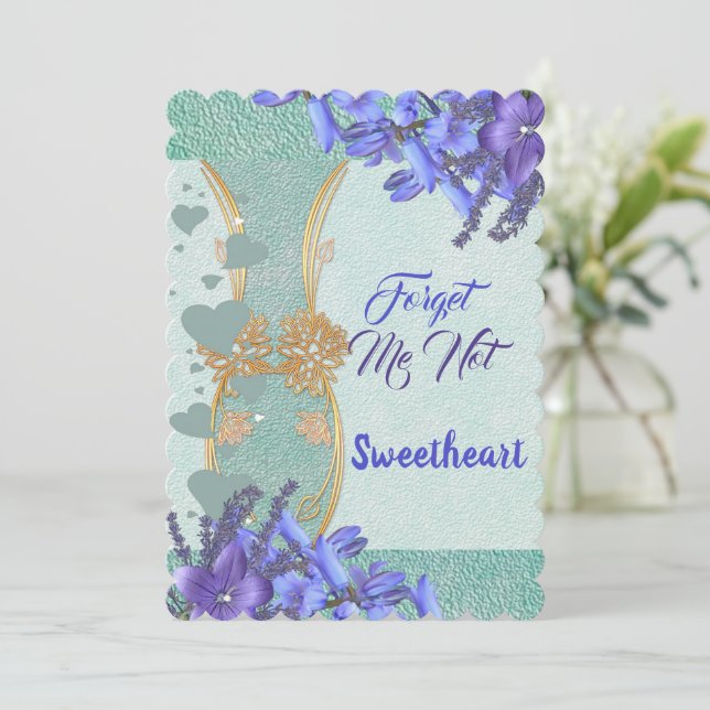 Tarjeta Festiva Elegante Vasa Floral Azul Olvídenme No San Valentí (Anverso de pie)