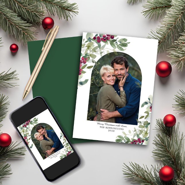 Tarjeta Festiva Elegante vegetación Berries Arch Navidades Foto (Elegant Greenery Berries Arch Christmas Photo Holiday Card)