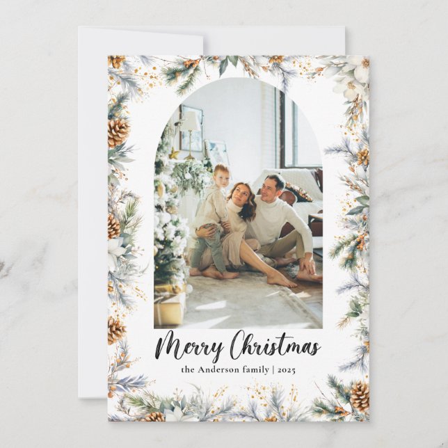 Tarjeta Festiva Elegante vegetación botánica de Arco y Navidades d (Anverso)