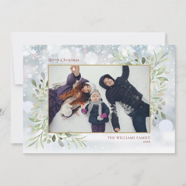 Tarjeta Festiva Elegante vegetación copas de nieve Fotos navideñas (Anverso)