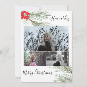 Tarjeta Festiva Elegante vegetación de invierno y foto de poinsett