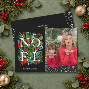 Tarjeta Festiva Elegante vegetación de NOEL sobre foto negra
