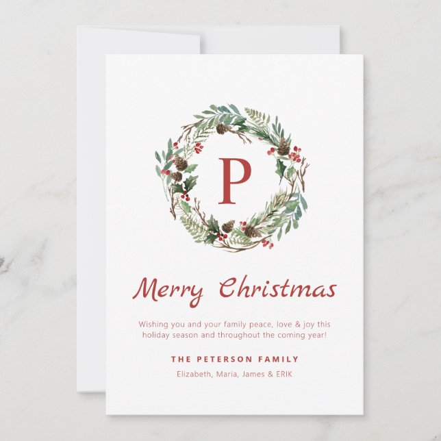Tarjeta Festiva Elegante vegetación Holly Berry Monograma Wreath (Anverso)