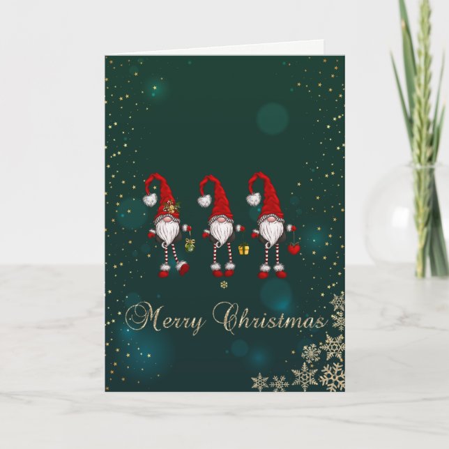 Tarjeta Festiva Elegante Verde, Gnomes Rojos Festividades de nieve (Anverso)