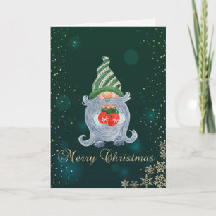 Tarjeta Festiva Elegante Verde, Gnomo Bonito, Ramas de Pino