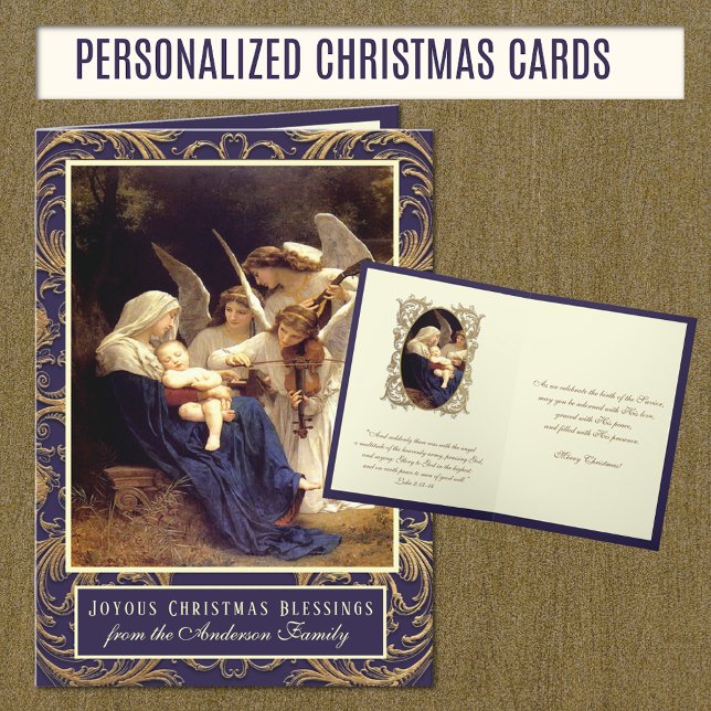 Tarjeta Festiva Elegante Virgen Religiosa María Angels Música (Personalized Christmas Cards "Song of the Angels" with Scripture Bible Verse)