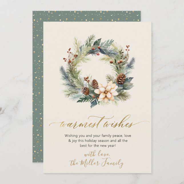 Tarjeta Festiva Elegante Warmest Wishes Gold Script Wreath Greener (Anverso / Reverso)