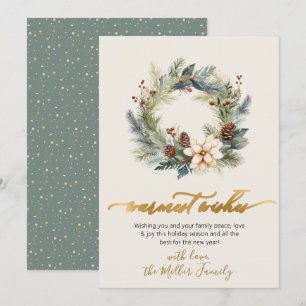 Tarjeta Festiva Elegante Warmest Wishes Gold Script Wreath Greener