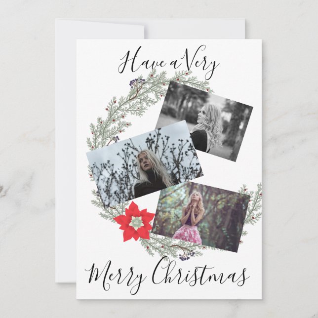 Tarjeta Festiva Elegante Wreath de Plata y Foto de Poinsettia Roja (Anverso)