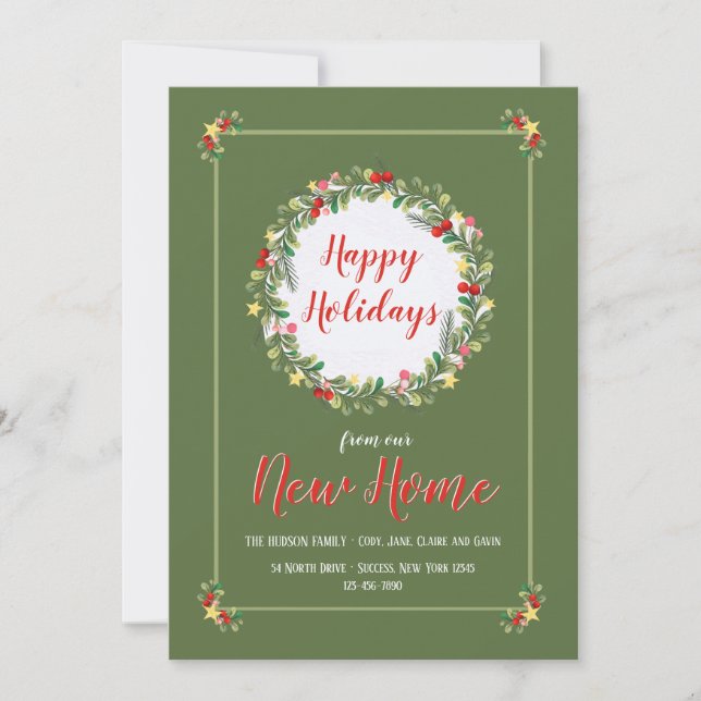 Tarjeta Festiva Elegante Wreath Happy Holidays from New Home Card (Anverso)