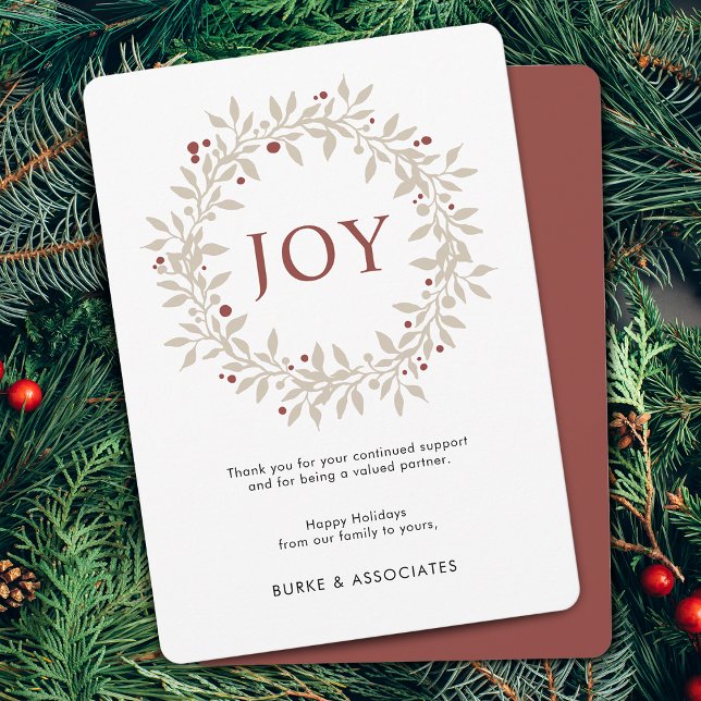 Tarjeta Festiva Elegante Wreath JOY Business (Elegant Winter Wreath JOY Business Holiday Card)