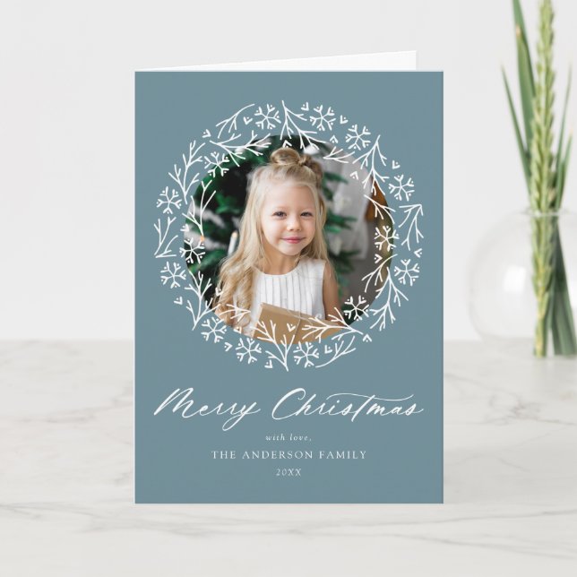 Tarjeta Festiva Elegante Wreath Wreath Frost Blue 2 Photo (Anverso)