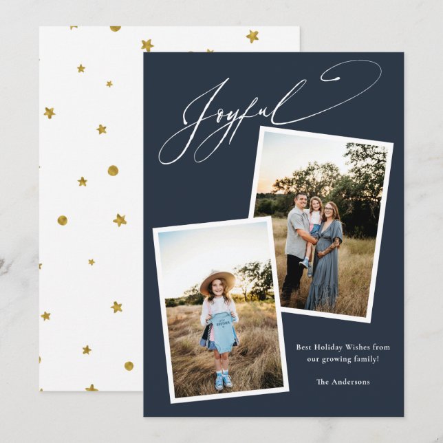 Tarjeta Festiva Elegante y alegre caligrafía azul foto embarazo (Anverso / Reverso)