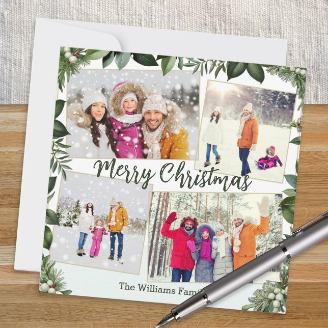 Tarjeta Festiva Elegante y elegante vegetación 4 Navidades de Coll (A modern Christmas card with greenery border, to personalize with four photos and name(s))