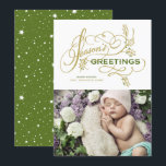 Tarjeta Festiva Elegante y floreciente temporada de fotos saludos<br><div class="desc">Saludos de temporada | Envíe sus cálidos deseos a la familia y amigos con esta tarjeta de vacaciones de personalizable. Presenta caligrafía caprichosa. Personalice agregando sus detalles. Esta tarjeta de vacaciones personalizado está disponible en otras cajas.</div>