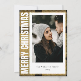 Tarjeta Festiva Elegante y moderno Faux Gold Plaid 1 Navidades de