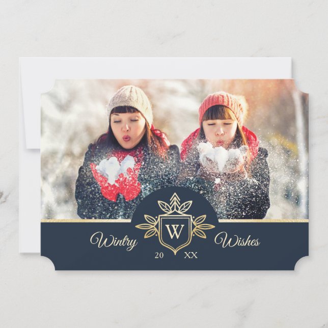 Tarjeta Festiva Elegante y regal familia Monograma Oro & Marina Fo (Anverso)