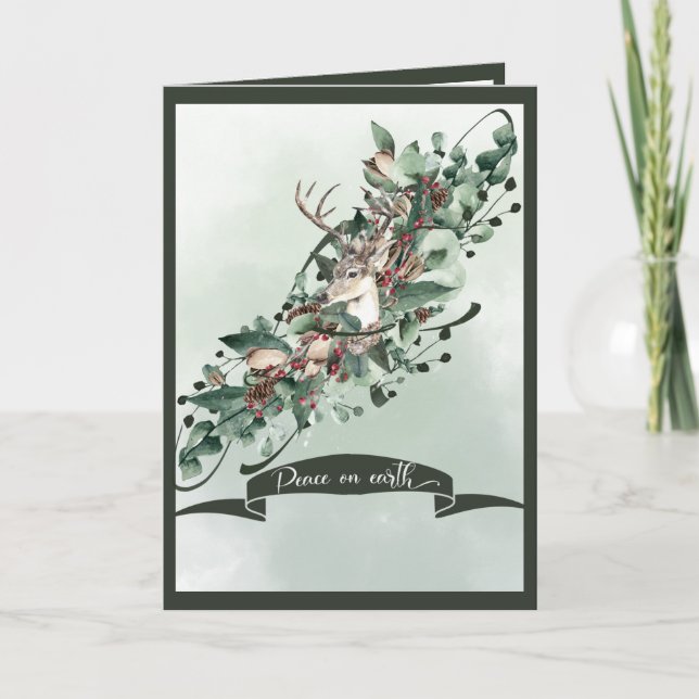 Tarjeta Festiva Elegante zona verde con ciervo y eucalipto (Anverso)
