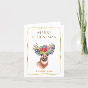 Tarjeta Festiva Elegantemente hermosos renos con flores y oro