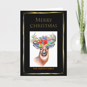 Tarjeta Festiva Elegantemente hermosos renos con flores y oro